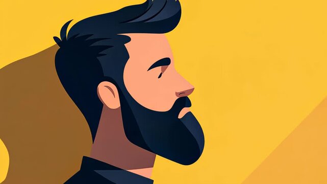 A bearded man creates a bold silhouette on a vivid yellow background, showcasing modern cartoon styling and rich textures.