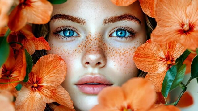 A stunning closeup of a freckled woman with blue eyes, embraced by vibrant orange flowers, showcasing pure beauty.