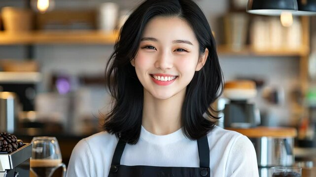 A friendly barista serves coffee with a smile in a warm, cozy caf filled with rustic decor and inviting ambiance.