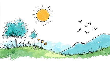 Sunny Landscape with Simple Nature Elements, Trees, Flowers, Mountains, and Birds in a Hand-drawn Style