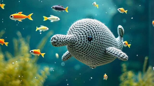 Crocheted dugong toy vibrant backdrop, handcrafted and adorable, Ai Generated