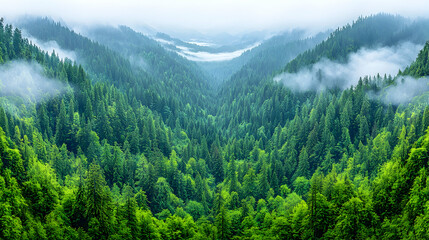 Fototapeta premium Misty mountain valley, lush green forest, aerial view, nature background, travel