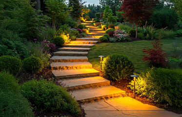A stone pathway or outdoor stairs with integrated lighting dramatically ascends through a lush, landscaped garden at twilight. The warm glow of the lights highlights the natural stone steps.