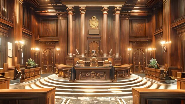 Courtroom for judicial hearings, concept of justice and compliance with laws, legislative power and courthouse