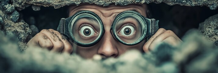A person wearing goggles peeks out from beneath rubble, embodying curiosity and exploration.