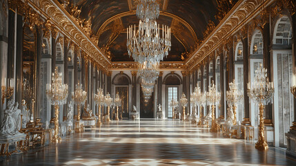 Obraz premium Opulent hall of mirrors interior at palace of versailles, featuring majestic chandeliers, ornate moldings, and lavish furnishings amidst grandiose reflective surfaces. Majestic Archway. Illustration