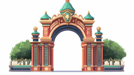 Fototapeta premium Ornate amusement park entrance gate, isolated on white background, transparent background. Majestic Archway. Illustration