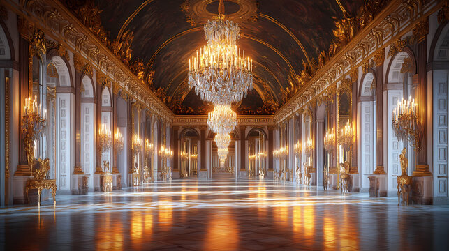 Opulent hall of mirrors interior at palace of versailles, featuring majestic chandeliers, ornate moldings, and lavish furnishings amidst grandiose reflective surfaces. Majestic Archway. Illustration