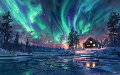 Breathtaking View of the Northern Lights Illuminating the Frozen Landscape