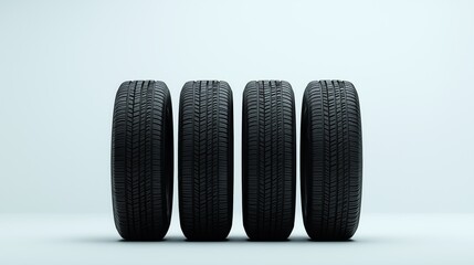 Four new black car tires aligned on a white background, symbolizing vehicle safety, performance, road grip, automotive industry, and transportation reliability, Generative AI