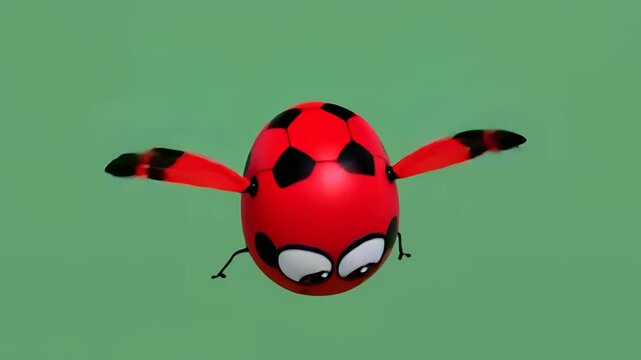 Cartoon ladybug with big eyes and black spots on red wings, it goes isolated on green screen