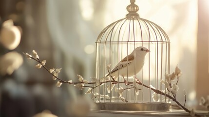 Bird Perched in Elegant Birdcage with Cozy Indoor Decor: Capturing Calm and Stylish Home Setting for Pet Birds, Perfect for Pet Bird and Home Decor Content