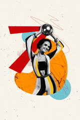 Exclusive image vertical photo collage of happy vintage girl hold disco ball dance friday party occasion relax 80s chill concept