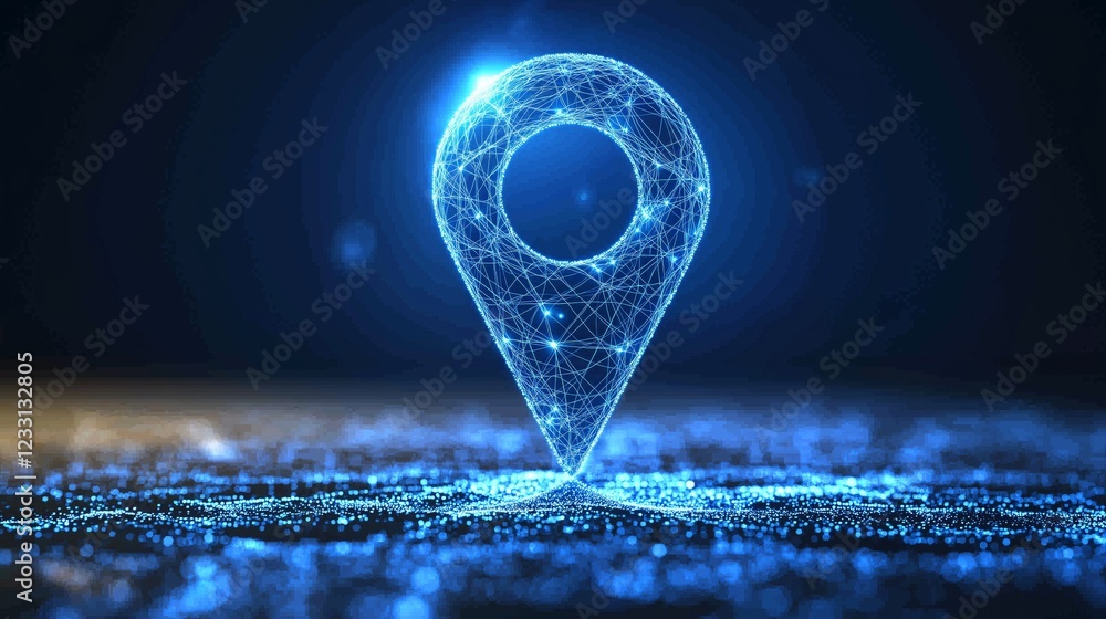 Poster Glowing futuristic GPS location marker on a dark background, representing advanced navigation, tracking technology, and smart digital positioning, Generative AI