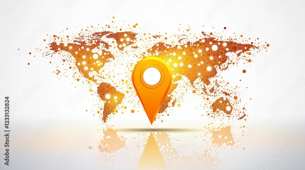 Poster abstract location marker on a digital world map with warm tones, symbolizing global tracking, naviga