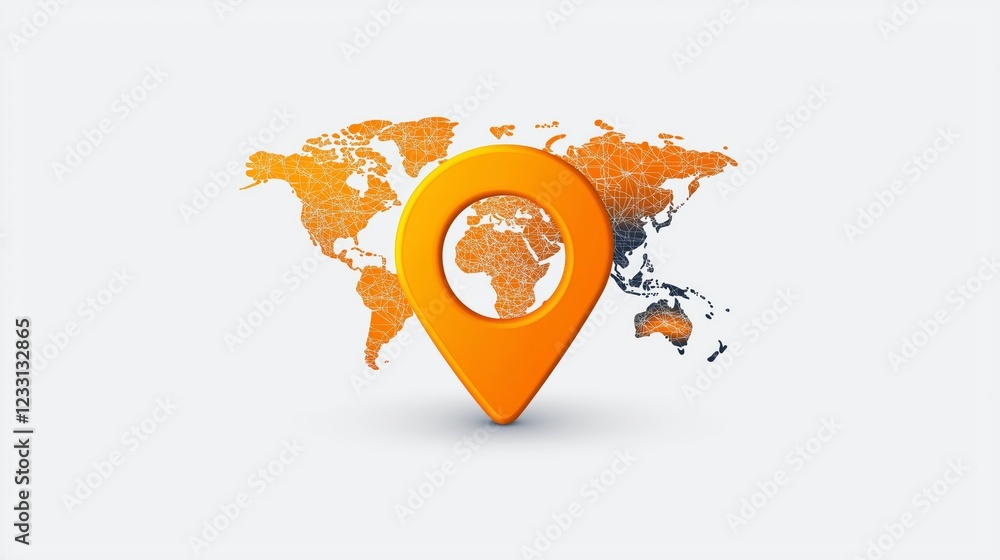 Poster 3d location marker placed on a stylized world map, representing global navigation, tracking, and dig