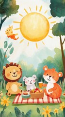 Happy Animals Enjoying a Sunny Picnic Outdoors