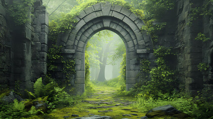 Fototapeta premium A majestic stone archway surrounded by lush greenery and vines on a moss-covered wall with a soft focus, stone architecture, mysterious ambiance. Majestic Archway. Illustration