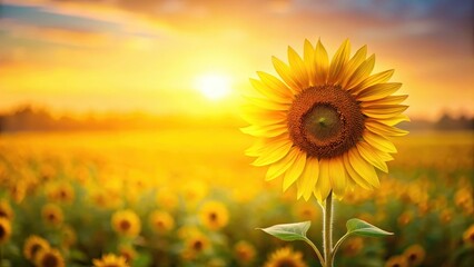 Naklejka premium A sunflower standing alone in a vast field with a bright yellow gradient transparent background, bloom, yellow flowers
