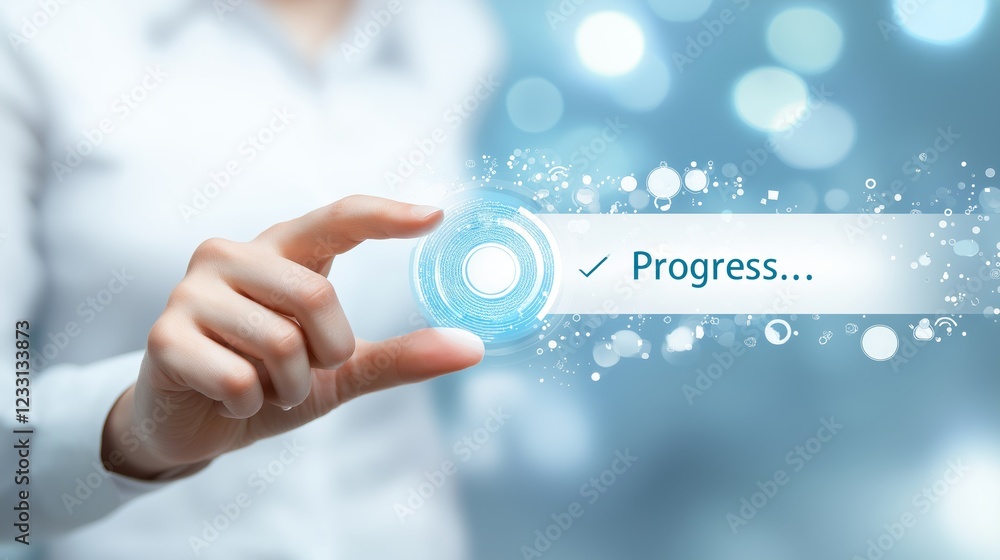 Aufkleber Interactive digital progress bar with hand gesture control, symbolizing technology innovation, business advancement, and future-oriented system optimization, Generative AI