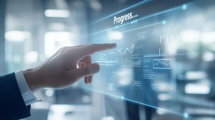 Progress loading bar with hand touch on a black digital interface, representing innovation, technology advancement, and business optimization, Generative AI