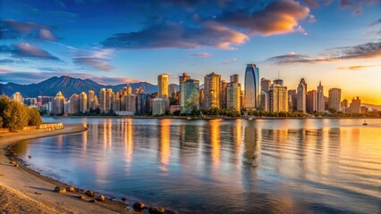 Obraz premium Panoramic view of Vancouver's skyline at sunset over English Bay ,waterfront, ,waterfront,canadian city,skyline