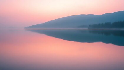 Fototapeta premium Serene Sunset Over Misty Lake and Mountain