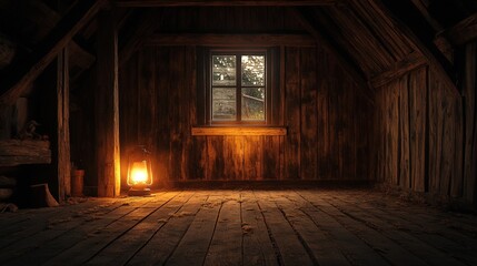Fototapeta premium A rustic barn interior lit by a glowing lantern, showcasing wood textures and nostalgic warmth. Ideal for rural or storytelling themes.