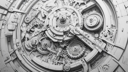 Fototapeta premium In a captivating close-up, the intricate clock mechanism comes to life, revealing its mesmerizing inner workings. Gears, springs, and wheels collaborate in a symphony. Illustration.