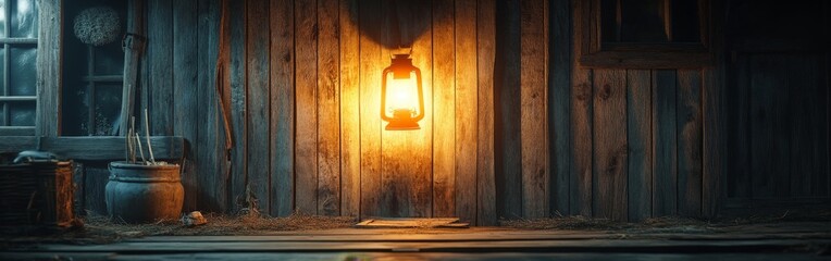 A rustic barn interior lit by a glowing lantern, showcasing wood textures and nostalgic warmth. Ideal for rural or storytelling themes.
