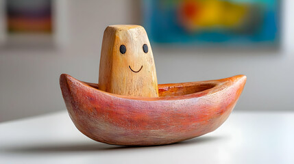 Wooden toy boat with smiling face, indoor setting, art background, child's play
