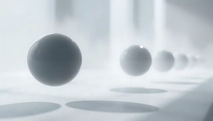 Grey spheres roll along a hazy white surface