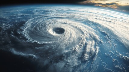 Powerful cyclone seen from space, swirling clouds.