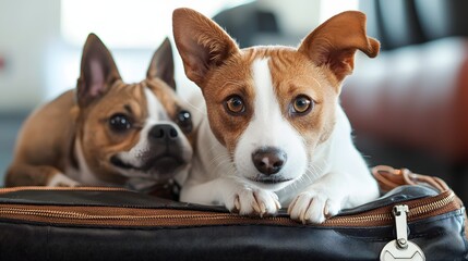 Jack Russell Terrier and Boston Terrier lying on suitcase at airport waiting for their flight. Pet-friendly travel, safe transportation and traveling with pets