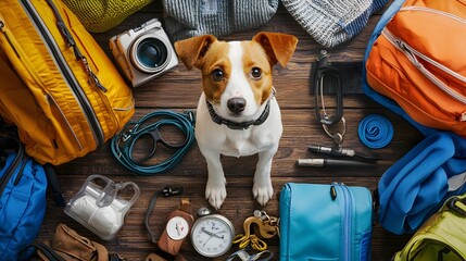 Jack Russell Terrier sits on wooden surface with outdoor and hiking gear around. Pet travel preparation and safety. Adventure and pet journey themes