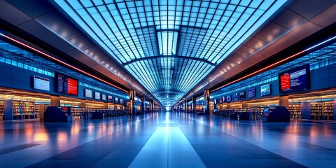 A beautifully lit airport terminal showcasing modern architecture. The bright lights and clean lines create a welcoming atmosphere. Ideal for travel themes and airport imagery. AI