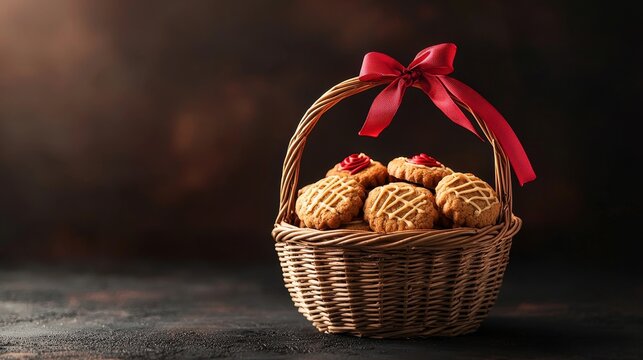 A festive basket of cookies adorned with Luther's rose and Protestant symbols, tied with a red ribbon, holiday gifting concept