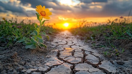 Lone flower growing in cracked dirt path at sunset in field