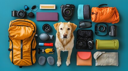 Labrador dog sits on blue surface neatly packed travel essentials. Well-prepared pet travel and adventure. Road trip and outdoor travel background with top view in knolling photo style