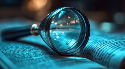 Magnifying glass on open book, text in focus, blurred lights in background, research