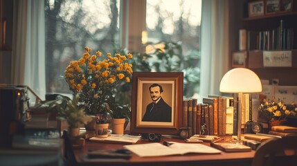 Man's portrait on desk with books, lamp, flowers by window in study