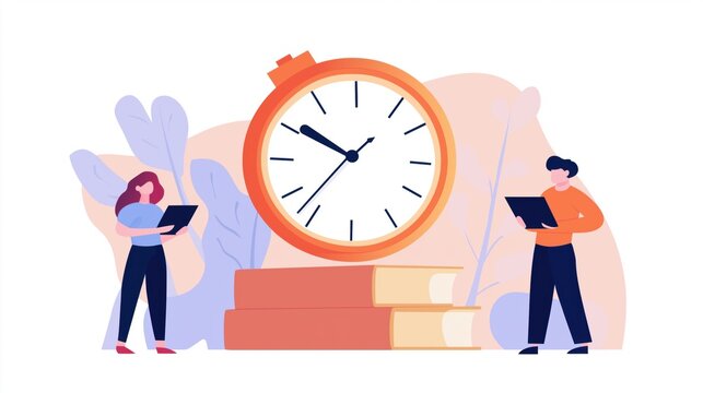 Time management concept with people and stopwatch over books illustration