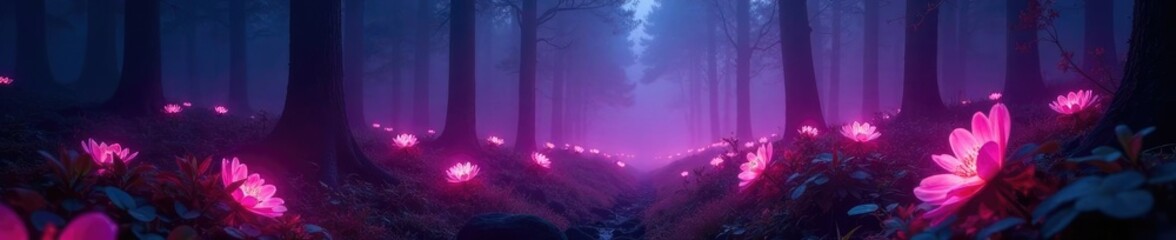 Naklejka premium Bioluminescent blooms in misty forest atmosphere, bioluminescence, pink