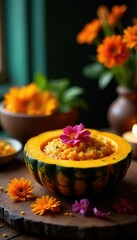 Calabaza cocida con flores frescas en un altar mexicano, altar, flores, ingredientes