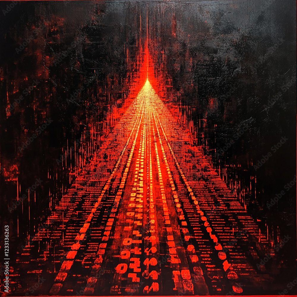 Poster Abstract red glowing pyramid structure made from digital data, representing futuristic technology, data flow, and digital transformation against a dark background.
