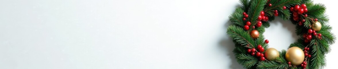 Evergreen wreath with red berries and golden ornaments on a snowy white wall, white wall, christmas decorations