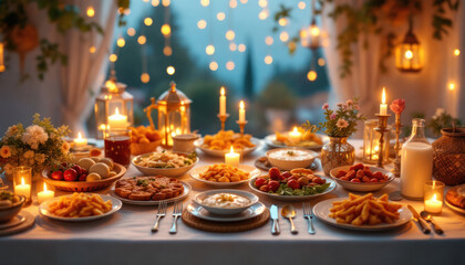 Naklejka premium Romantic Dinner Table Setting with Candles and Delicious Food