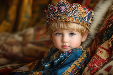 Fototapeta premium Child wearing ornate traditional outfit with detailed crown in a rich fabric setting