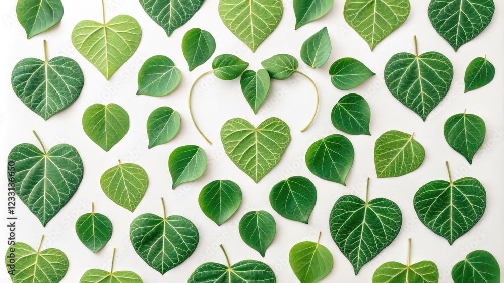 Poster heart-shaped leaves in various shades of green arranged in a symmetrical pattern on a white backgrou