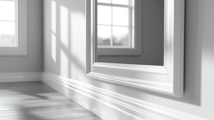 Mirror reflecting window light in bright room corner